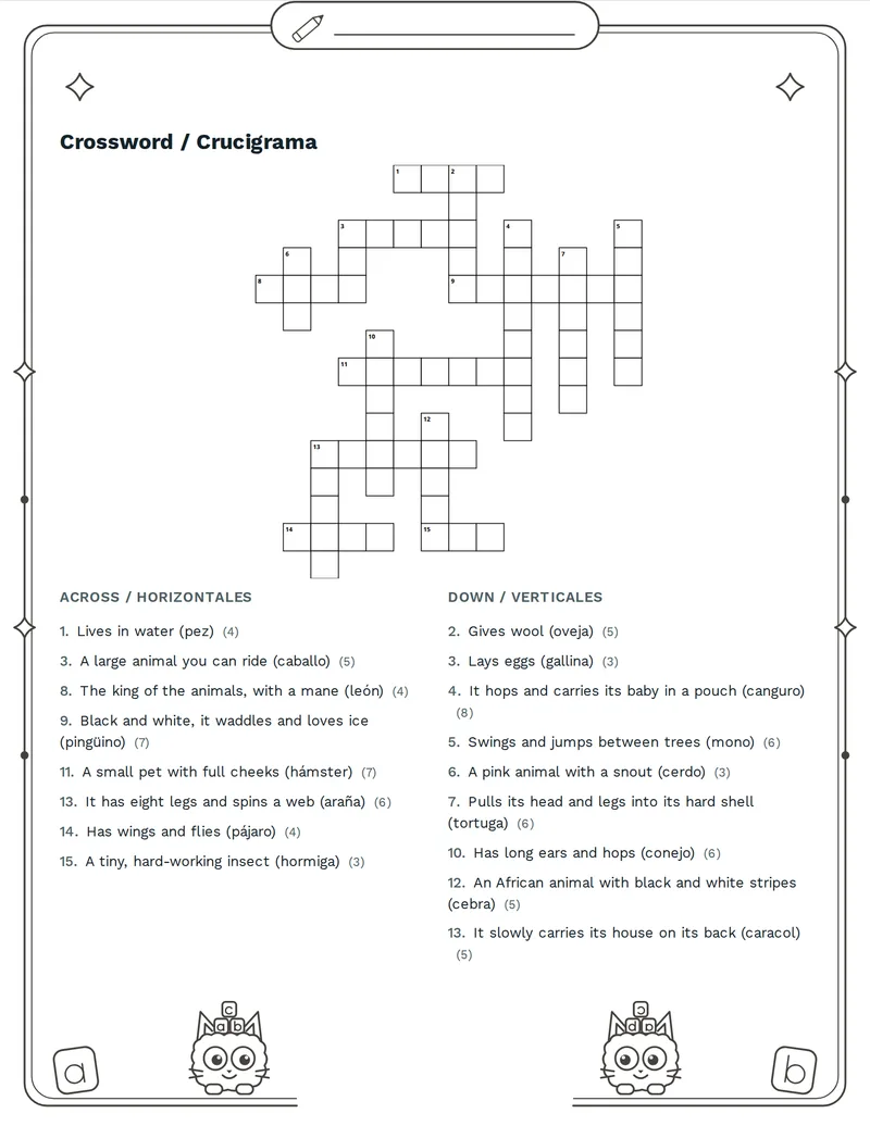Crucigrama, Animales: DOG, CAT, COW, HORSE, PIG, SHEEP, HEN, DUCK