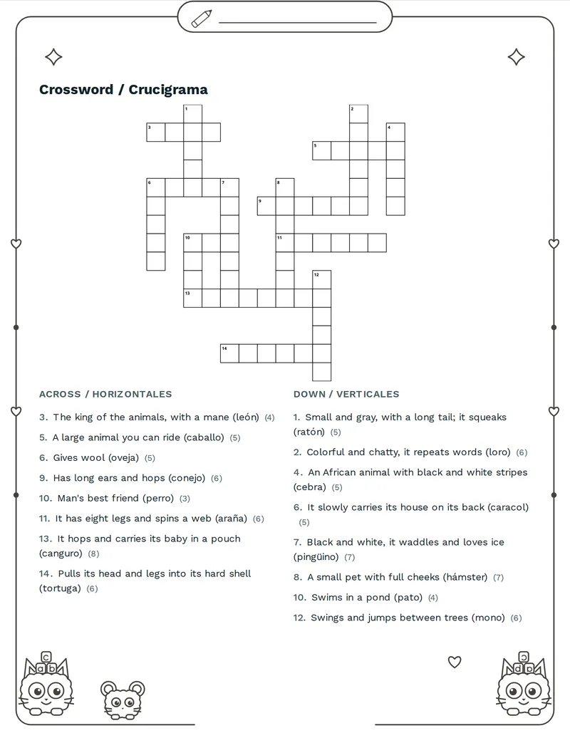 Crucigrama, Animales: DOG, CAT, COW, HORSE, PIG, SHEEP, HEN, DUCK