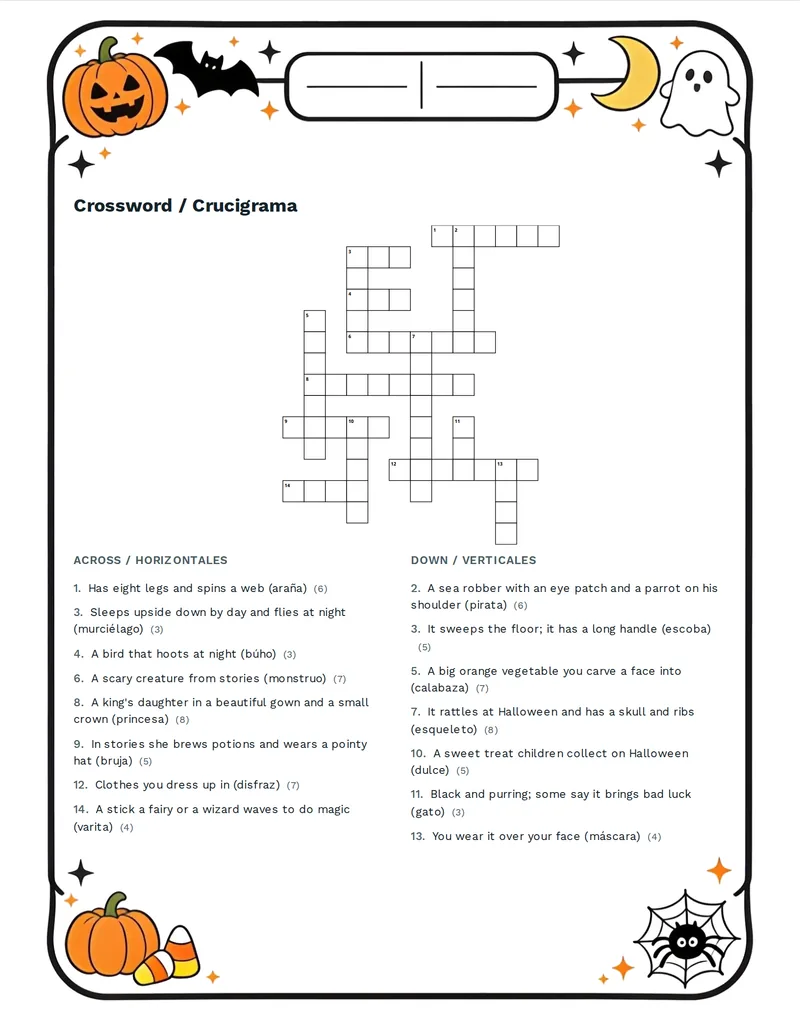 Crucigrama, Halloween: PUMPKIN, GHOST, WITCH, BAT, SPIDER, OWL, MOON, CAT