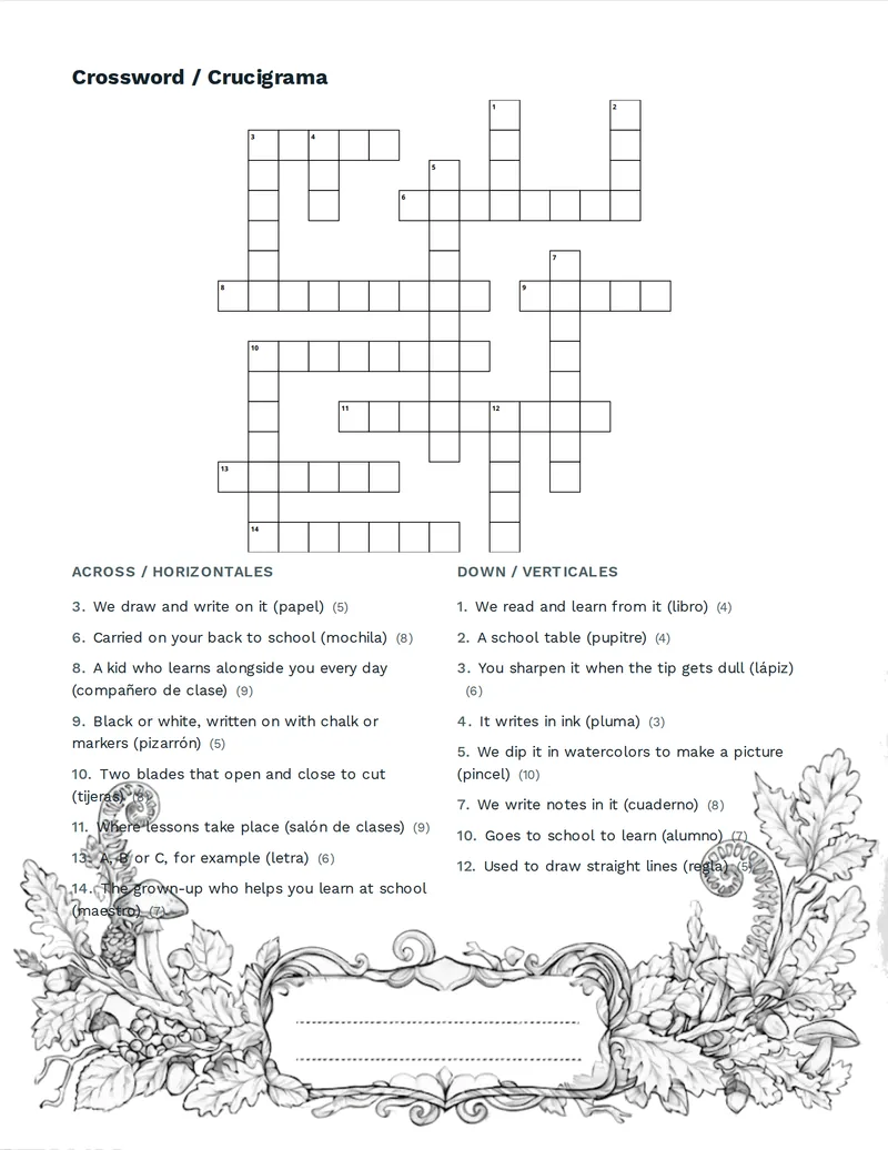 Crucigrama, Escuela: TEACHER, STUDENT, CLASSROOM, BOARD, CHAIR, DESK, BOOK, NOTEBOOK