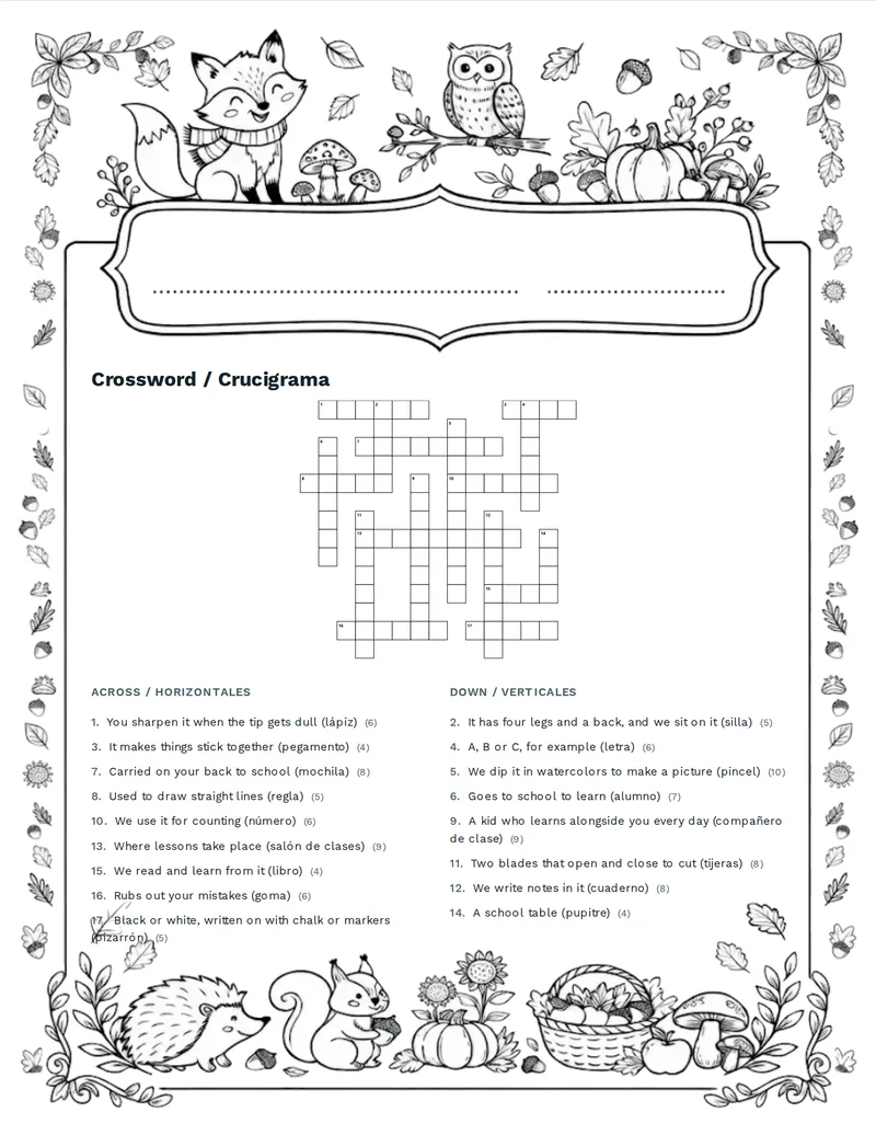 Crucigrama, Escuela: TEACHER, STUDENT, CLASSROOM, BOARD, CHAIR, DESK, BOOK, NOTEBOOK