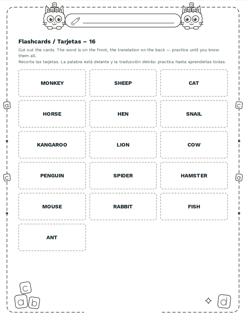 Tarjetas de vocabulario, Animales: DOG, CAT, COW, HORSE, PIG, SHEEP, HEN, DUCK