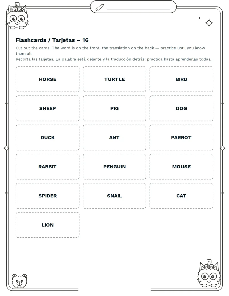 Tarjetas de vocabulario, Animales: DOG, CAT, COW, HORSE, PIG, SHEEP, HEN, DUCK