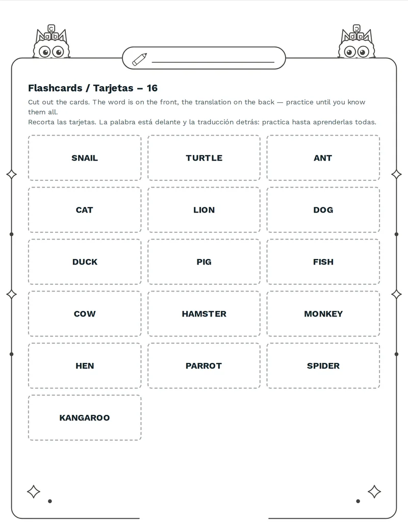 Tarjetas de vocabulario, Animales: DOG, CAT, COW, HORSE, PIG, SHEEP, HEN, DUCK