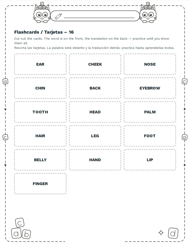 Tarjetas de vocabulario, Partes del cuerpo: HEAD, HAND, LEG, EYE, EAR, NOSE, MOUTH, TOOTH