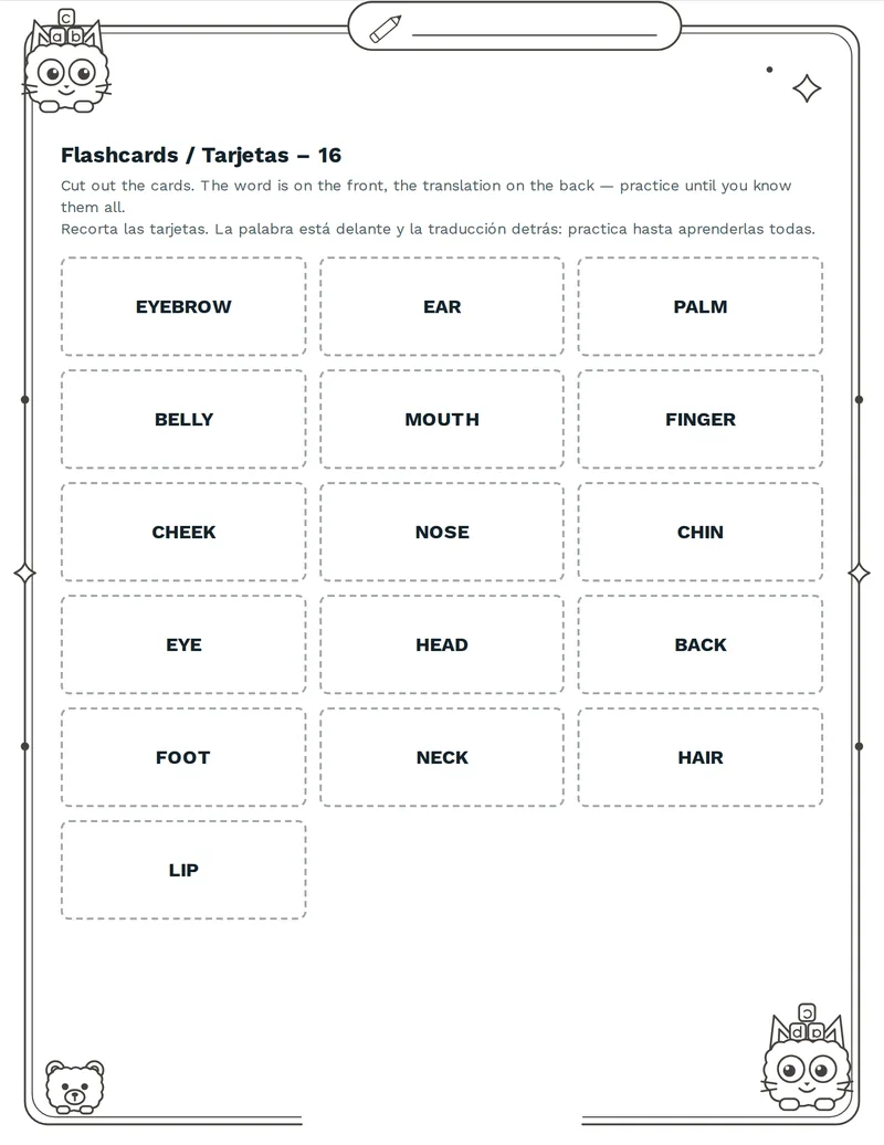 Tarjetas de vocabulario, Partes del cuerpo: HEAD, HAND, LEG, EYE, EAR, NOSE, MOUTH, TOOTH