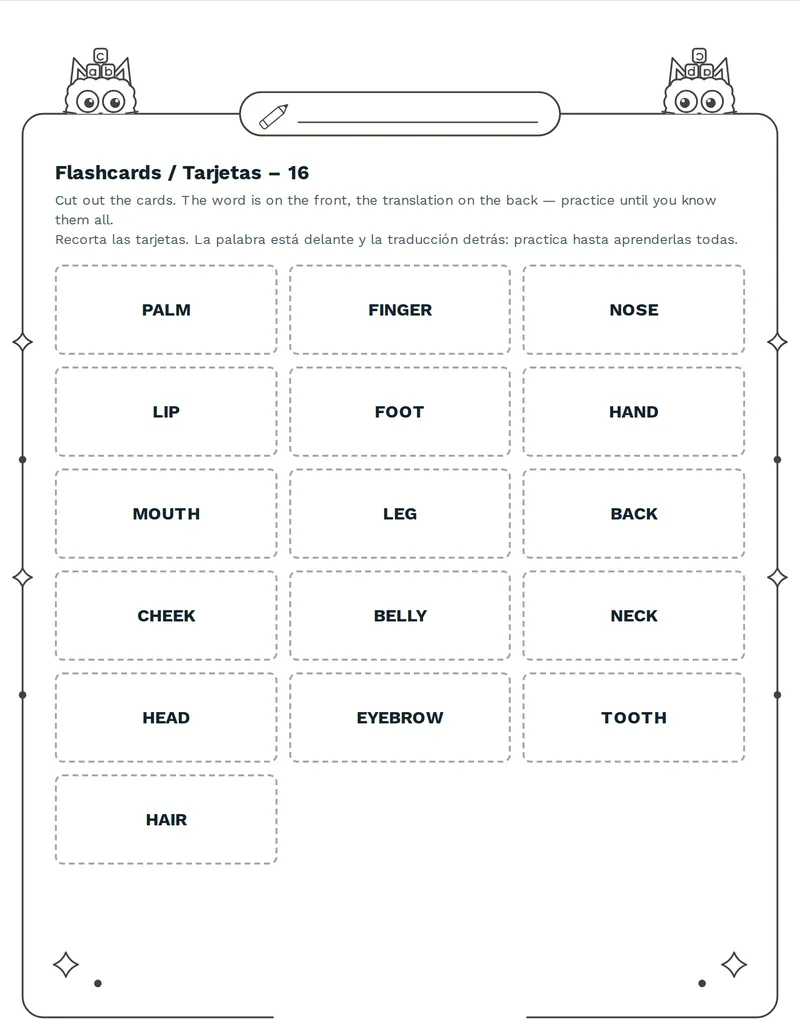Tarjetas de vocabulario, Partes del cuerpo: HEAD, HAND, LEG, EYE, EAR, NOSE, MOUTH, TOOTH