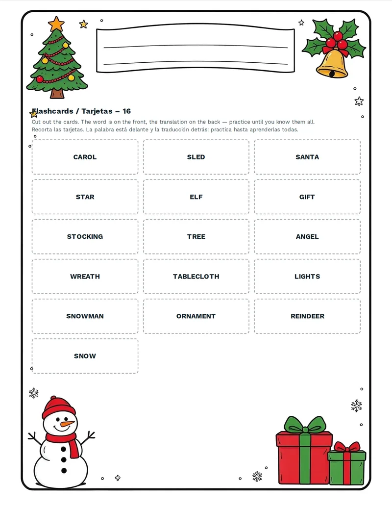 Tarjetas de vocabulario, Navidad: TREE, GIFT, STAR, ANGEL, CAROL, SANTA, SLED, SNOWMAN