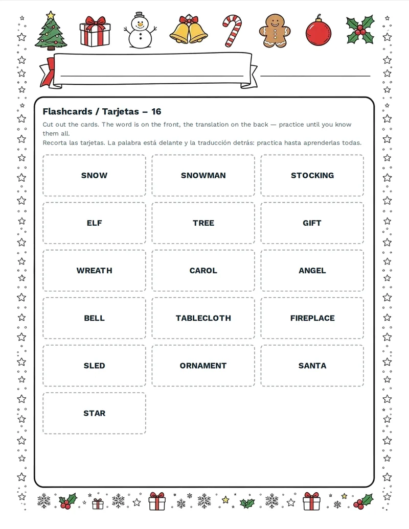 Tarjetas de vocabulario, Navidad: TREE, GIFT, STAR, ANGEL, CAROL, SANTA, SLED, SNOWMAN