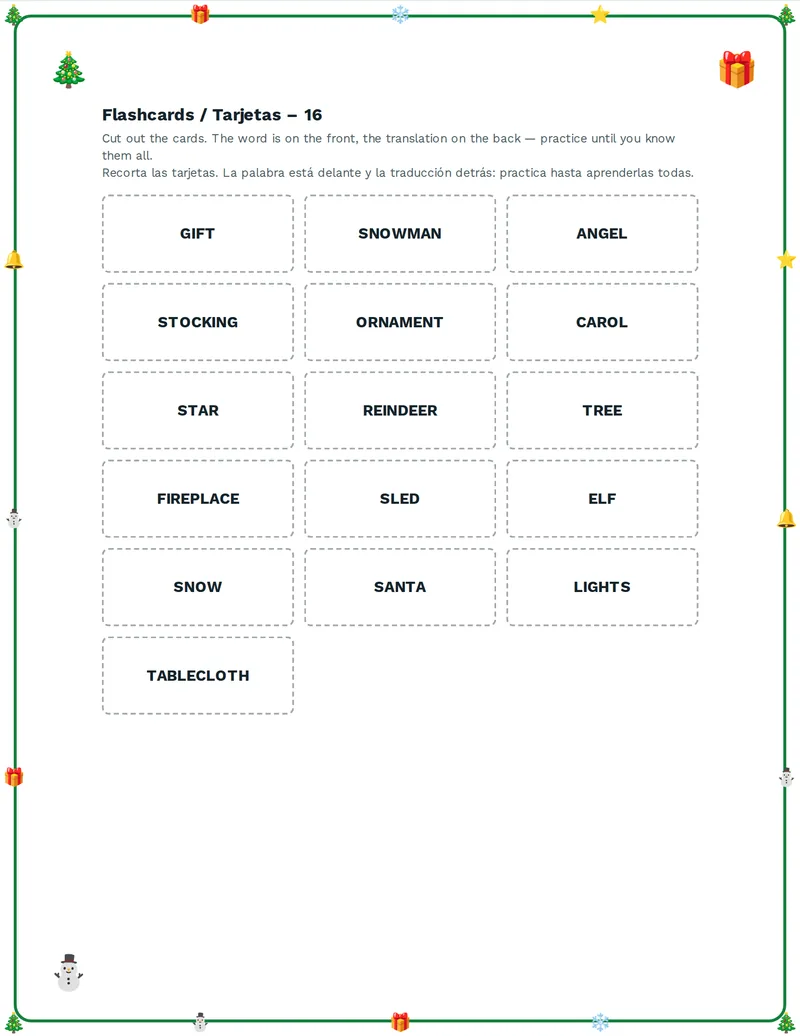 Tarjetas de vocabulario, Navidad: TREE, GIFT, STAR, ANGEL, CAROL, SANTA, SLED, SNOWMAN