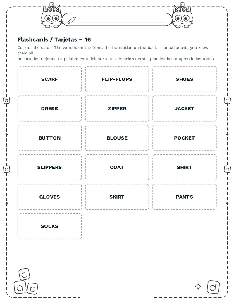 Tarjetas de vocabulario, Ropa: SHIRT, PANTS, DRESS, SHOES, SOCKS, JACKET, HAT, SCARF