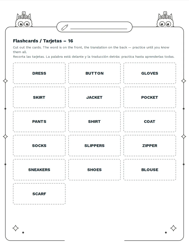 Tarjetas de vocabulario, Ropa: SHIRT, PANTS, DRESS, SHOES, SOCKS, JACKET, HAT, SCARF