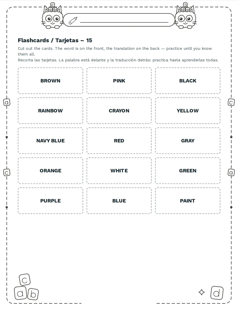 Tarjetas de vocabulario, Colores: RED, BLUE, GREEN, YELLOW, WHITE, BLACK, ORANGE, PURPLE