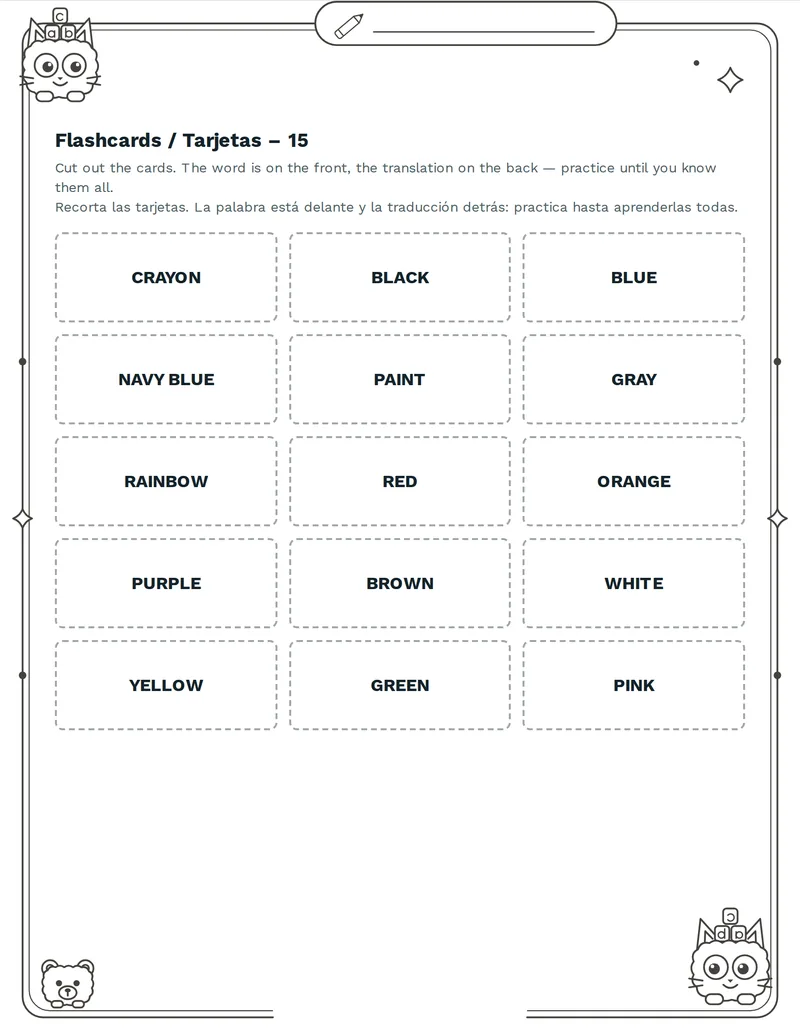 Tarjetas de vocabulario, Colores: RED, BLUE, GREEN, YELLOW, WHITE, BLACK, ORANGE, PURPLE