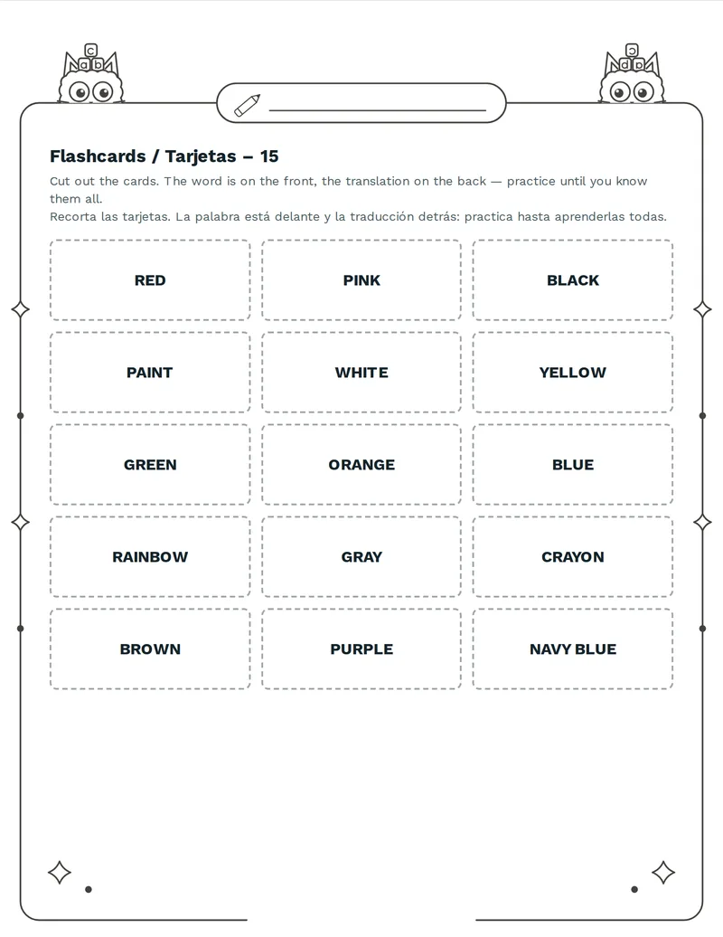 Tarjetas de vocabulario, Colores: RED, BLUE, GREEN, YELLOW, WHITE, BLACK, ORANGE, PURPLE