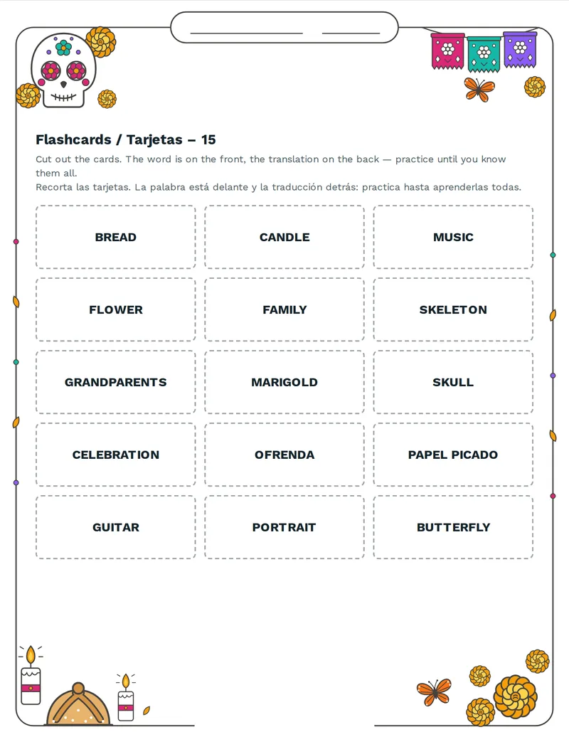 Tarjetas de vocabulario, Día de Muertos: OFRENDA, SKULL, MARIGOLD, CANDLE, FLOWER, FAMILY, BUTTERFLY, GUITAR