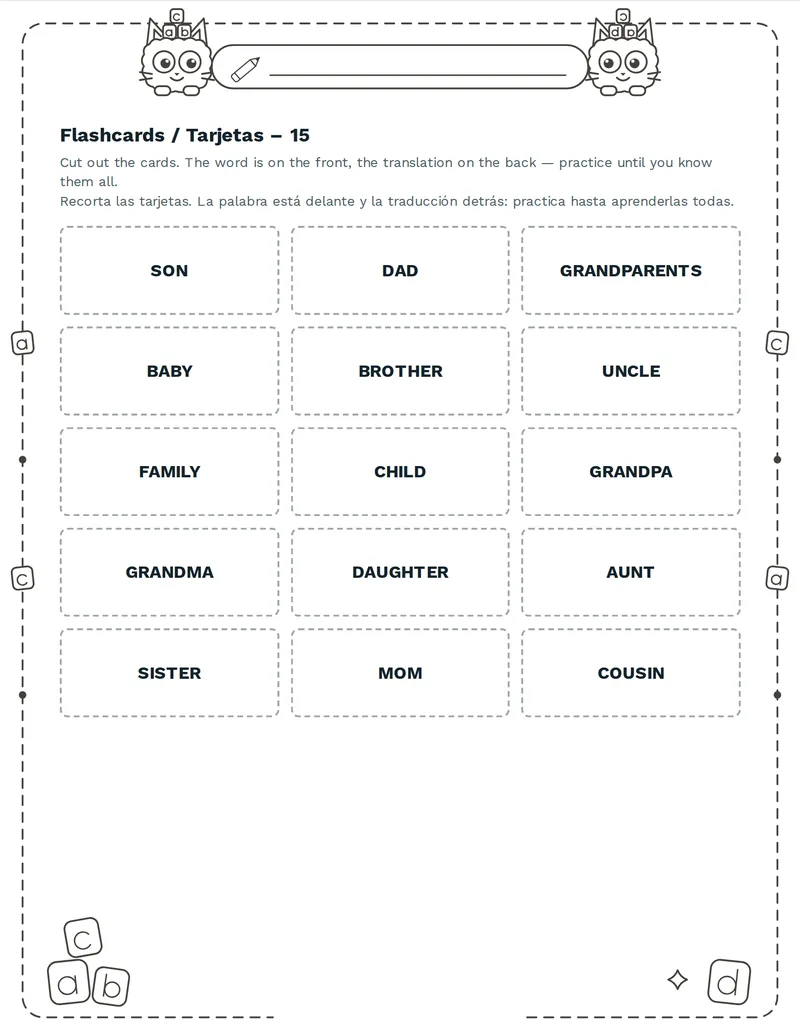 Tarjetas de vocabulario, Familia: MOM, DAD, BROTHER, SISTER, GRANDMA, GRANDPA, UNCLE, AUNT