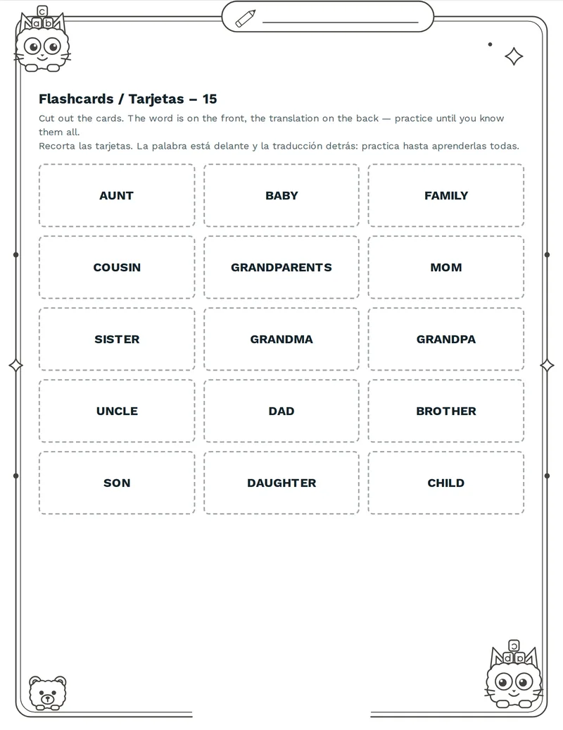 Tarjetas de vocabulario, Familia: MOM, DAD, BROTHER, SISTER, GRANDMA, GRANDPA, UNCLE, AUNT