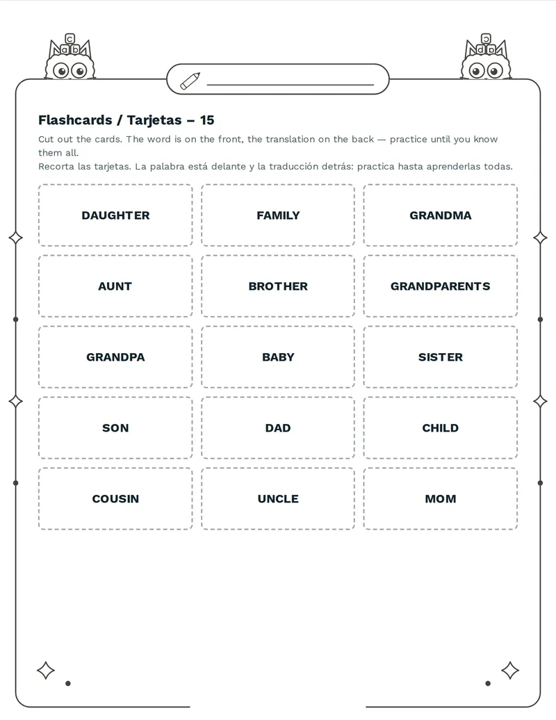 Tarjetas de vocabulario, Familia: MOM, DAD, BROTHER, SISTER, GRANDMA, GRANDPA, UNCLE, AUNT