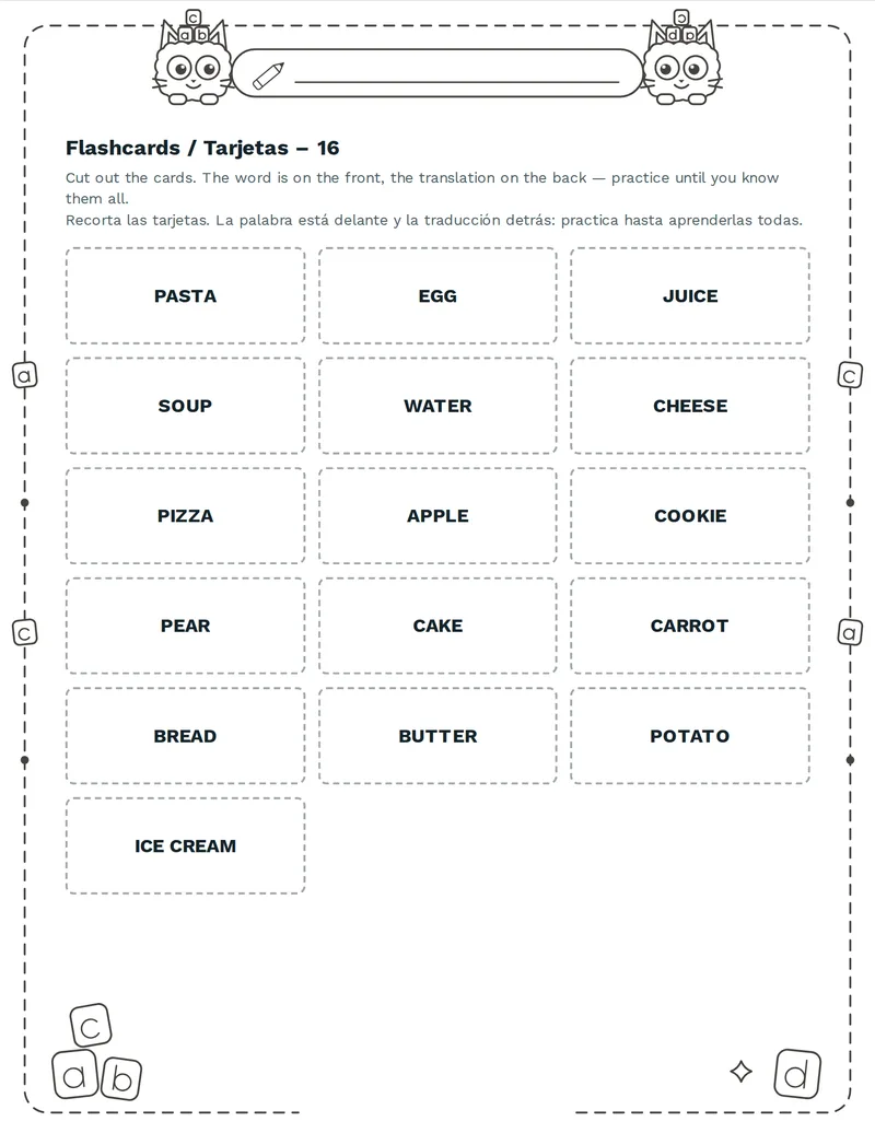 Tarjetas de vocabulario, Comida: BREAD, BUTTER, MILK, CHEESE, APPLE, BANANA, SOUP, HONEY