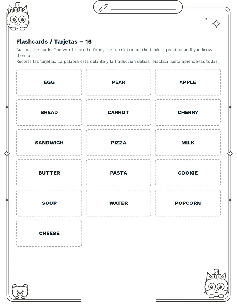 Tarjetas de vocabulario, Comida: BREAD, BUTTER, MILK, CHEESE, APPLE, BANANA, SOUP, HONEY