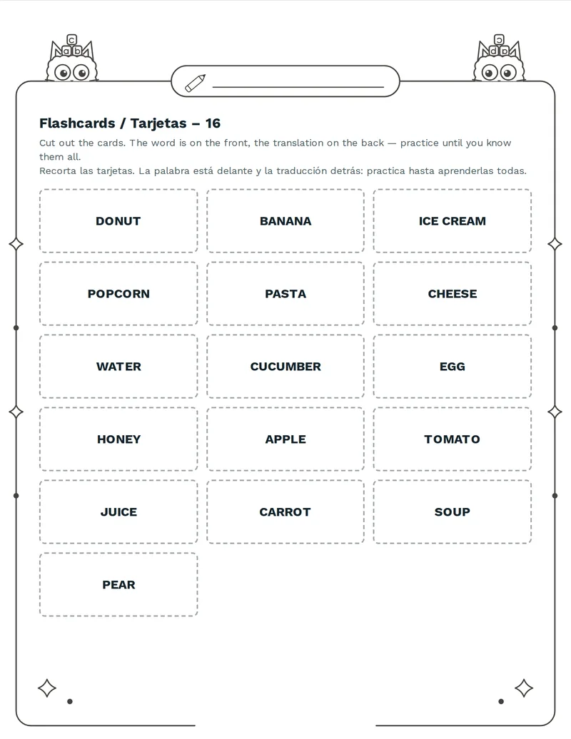 Tarjetas de vocabulario, Comida: BREAD, BUTTER, MILK, CHEESE, APPLE, BANANA, SOUP, HONEY