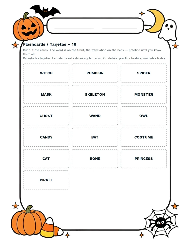 Tarjetas de vocabulario, Halloween: PUMPKIN, GHOST, WITCH, BAT, SPIDER, OWL, MOON, CAT