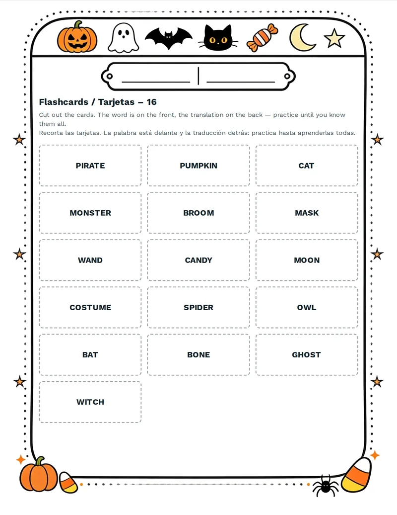 Tarjetas de vocabulario, Halloween: PUMPKIN, GHOST, WITCH, BAT, SPIDER, OWL, MOON, CAT