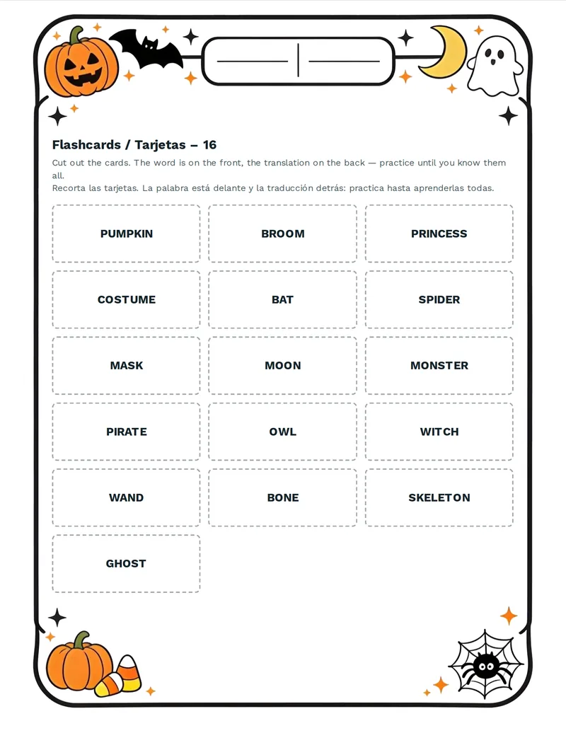 Tarjetas de vocabulario, Halloween: PUMPKIN, GHOST, WITCH, BAT, SPIDER, OWL, MOON, CAT