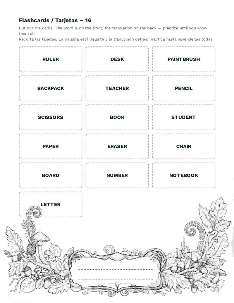 Tarjetas de vocabulario, Escuela: TEACHER, STUDENT, CLASSROOM, BOARD, CHAIR, DESK, BOOK, NOTEBOOK
