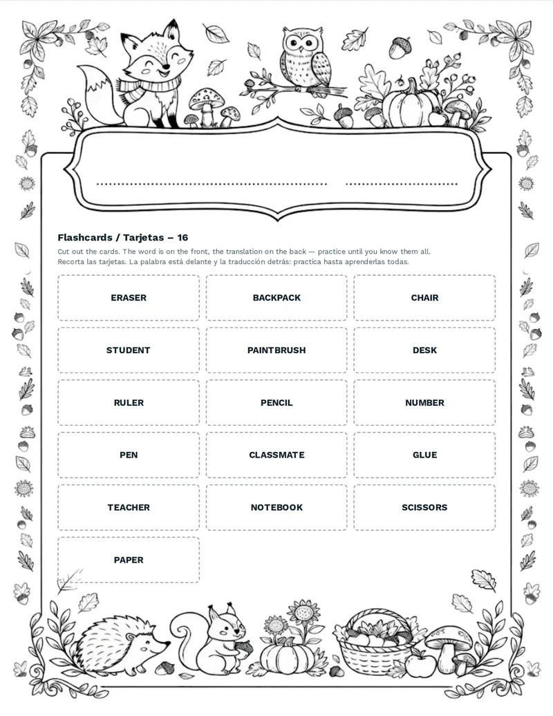 Tarjetas de vocabulario, Escuela: TEACHER, STUDENT, CLASSROOM, BOARD, CHAIR, DESK, BOOK, NOTEBOOK