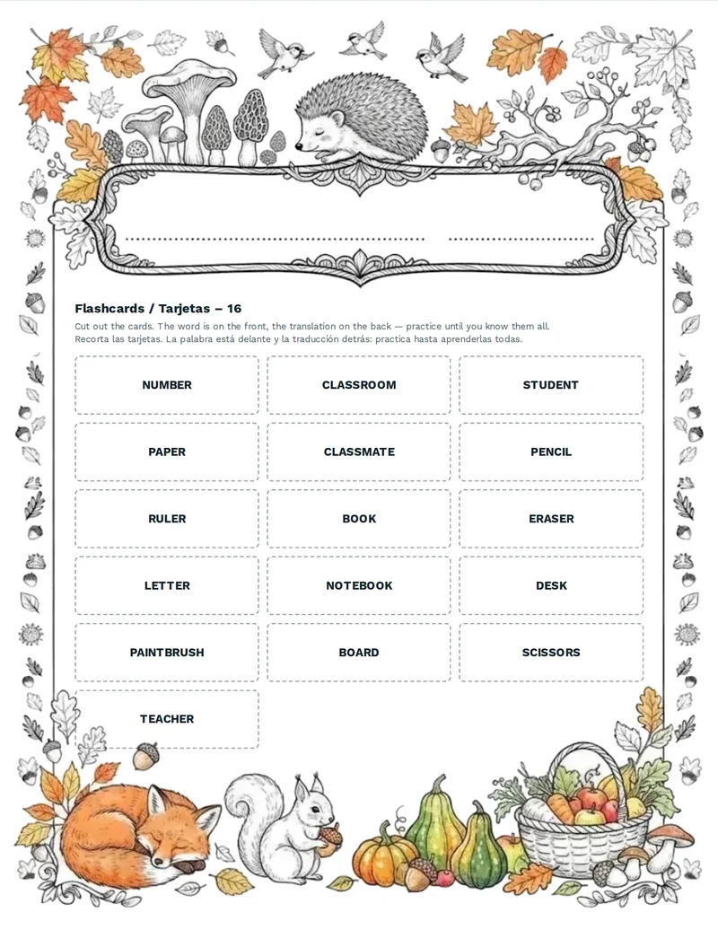 Tarjetas de vocabulario, Escuela: TEACHER, STUDENT, CLASSROOM, BOARD, CHAIR, DESK, BOOK, NOTEBOOK