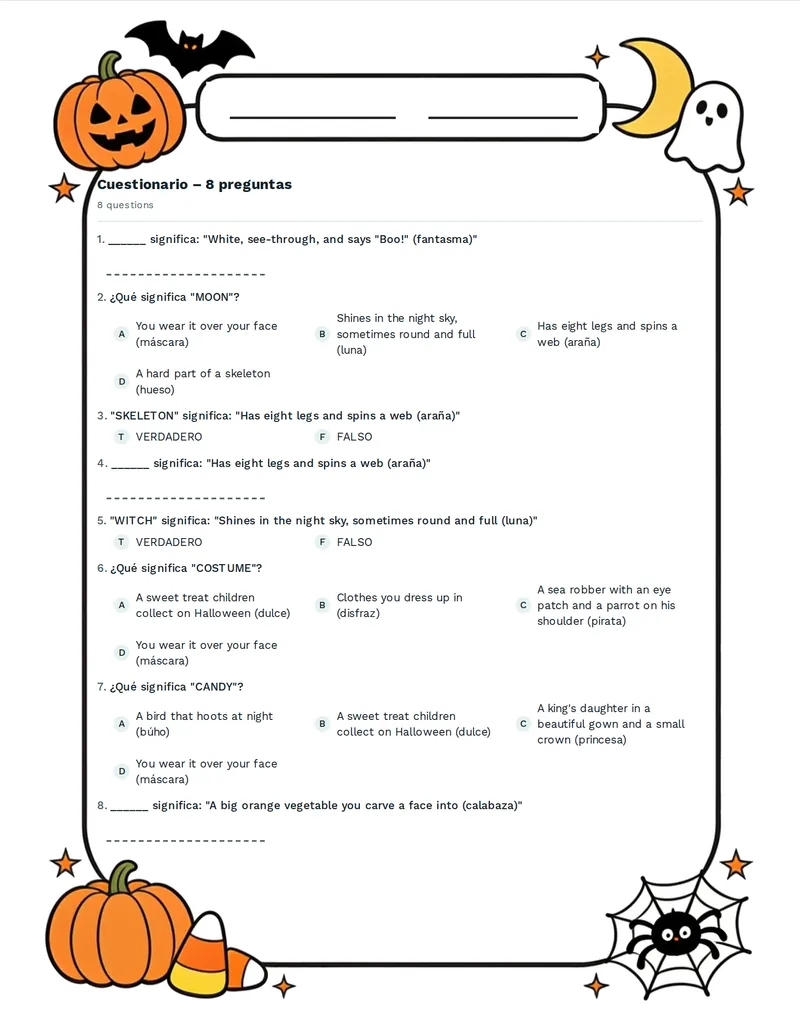 Cuestionario, Halloween: PUMPKIN, GHOST, WITCH, BAT, SPIDER, OWL, MOON, CAT