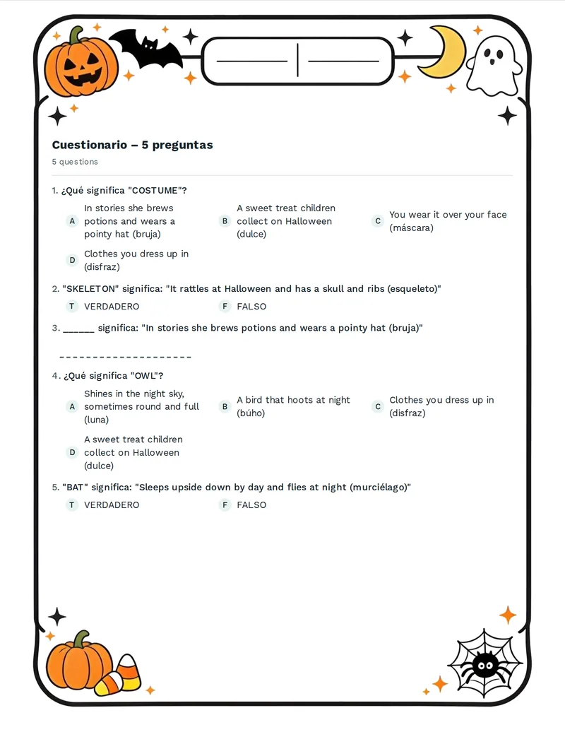 Cuestionario, Halloween: PUMPKIN, GHOST, WITCH, BAT, SPIDER, OWL, MOON, CAT