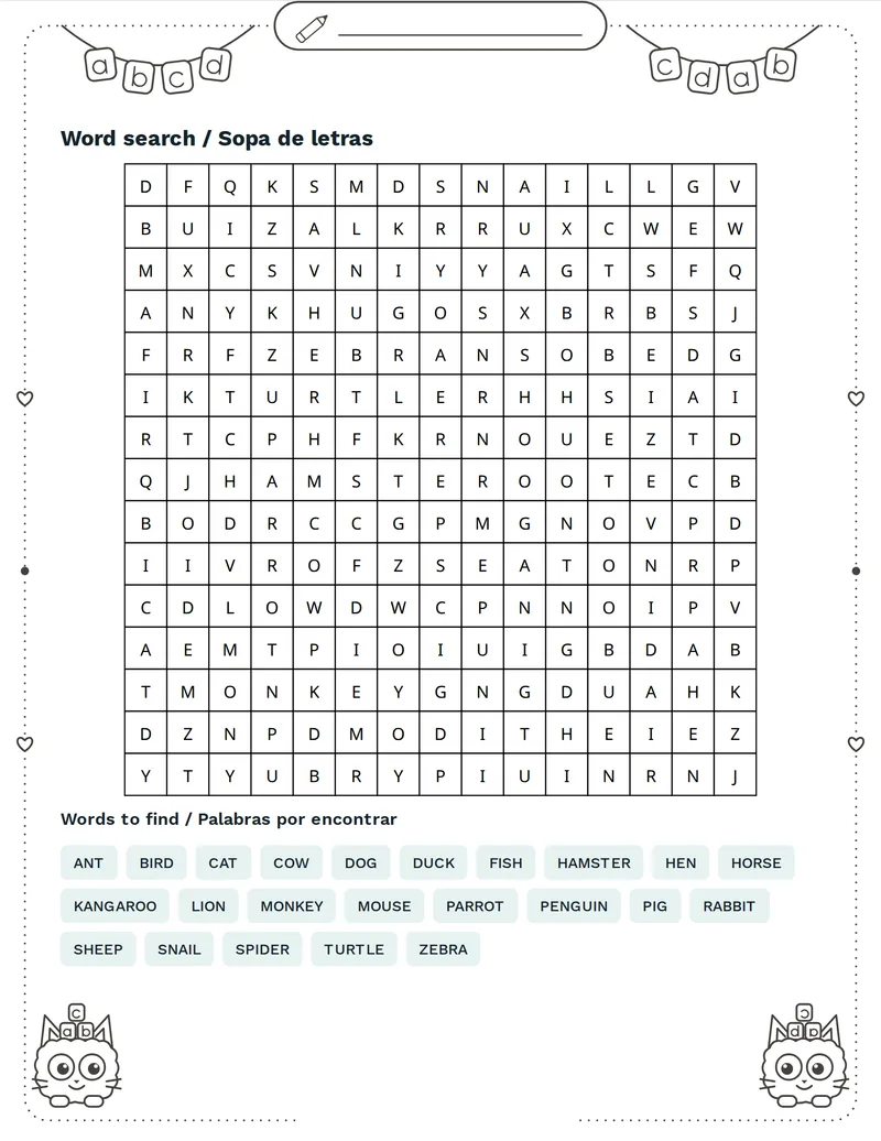 Sopa de letras, Animales: DOG, CAT, COW, HORSE, PIG, SHEEP, HEN, DUCK
