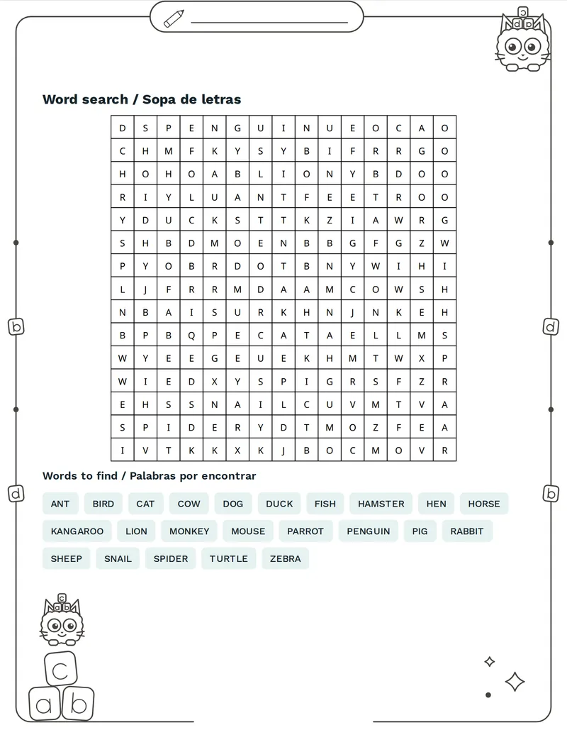 Sopa de letras, Animales: DOG, CAT, COW, HORSE, PIG, SHEEP, HEN, DUCK