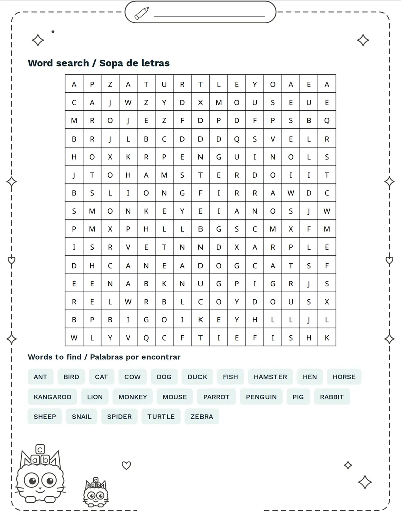 Sopa de letras, Animales: DOG, CAT, COW, HORSE, PIG, SHEEP, HEN, DUCK