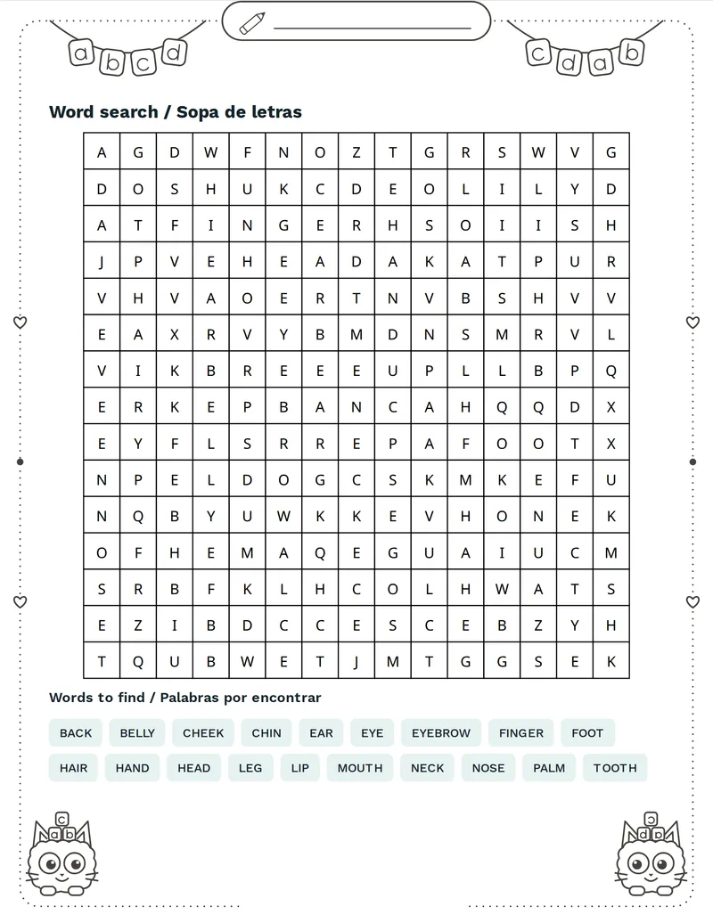 Sopa de letras, Partes del cuerpo: HEAD, HAND, LEG, EYE, EAR, NOSE, MOUTH, TOOTH