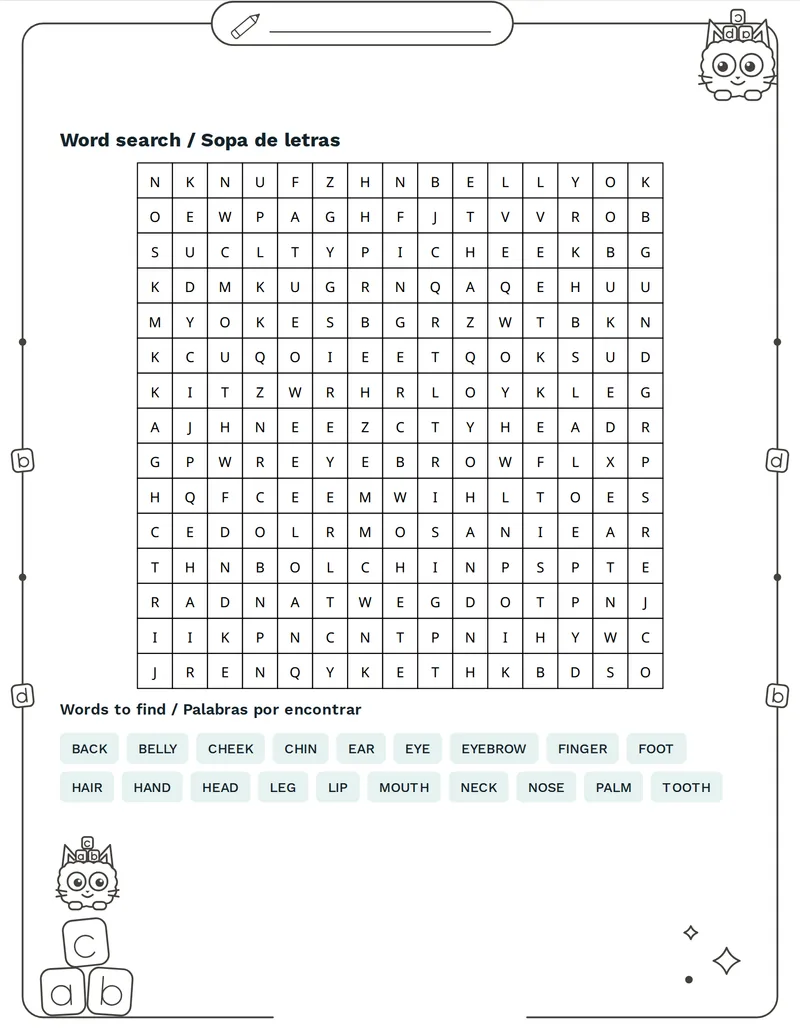 Sopa de letras, Partes del cuerpo: HEAD, HAND, LEG, EYE, EAR, NOSE, MOUTH, TOOTH