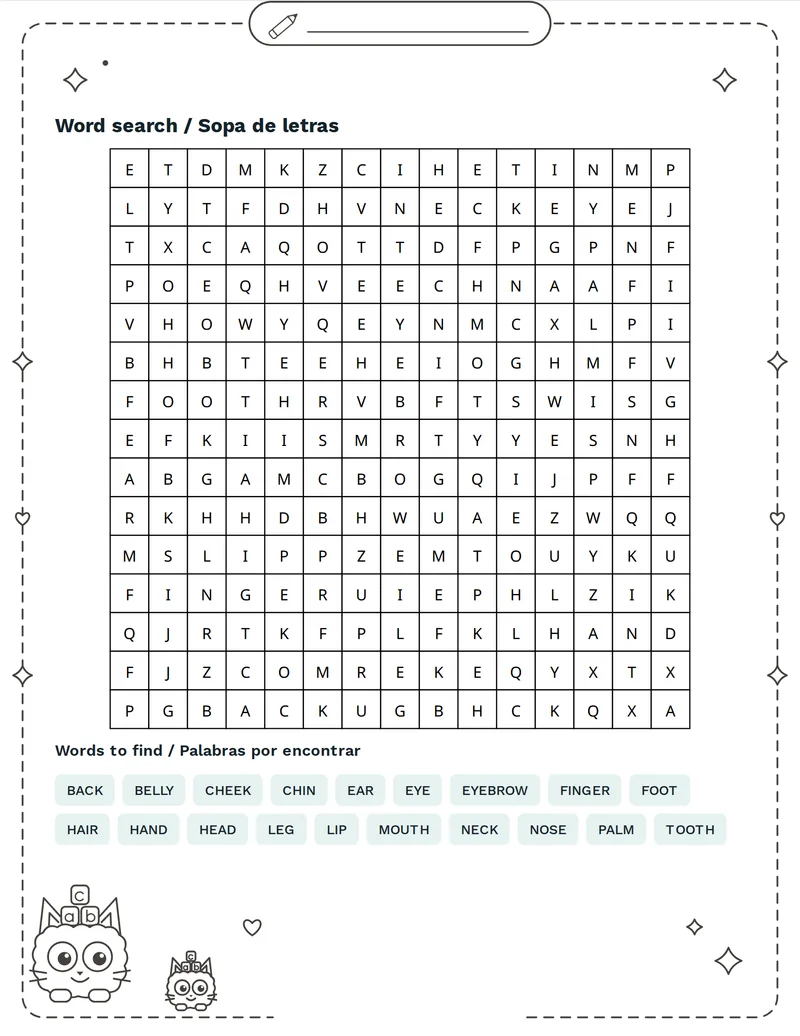 Sopa de letras, Partes del cuerpo: HEAD, HAND, LEG, EYE, EAR, NOSE, MOUTH, TOOTH