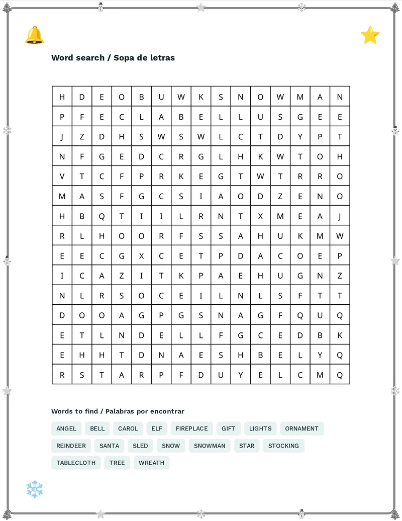 Sopa de letras, Navidad: TREE, GIFT, STAR, ANGEL, CAROL, SANTA, SLED, SNOWMAN