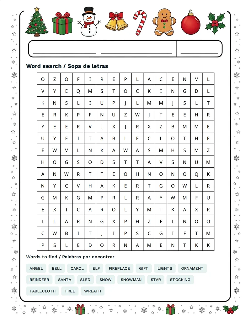 Sopa de letras, Navidad: TREE, GIFT, STAR, ANGEL, CAROL, SANTA, SLED, SNOWMAN