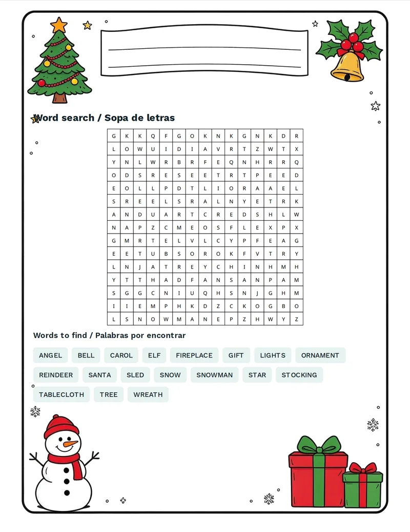 Sopa de letras, Navidad: TREE, GIFT, STAR, ANGEL, CAROL, SANTA, SLED, SNOWMAN