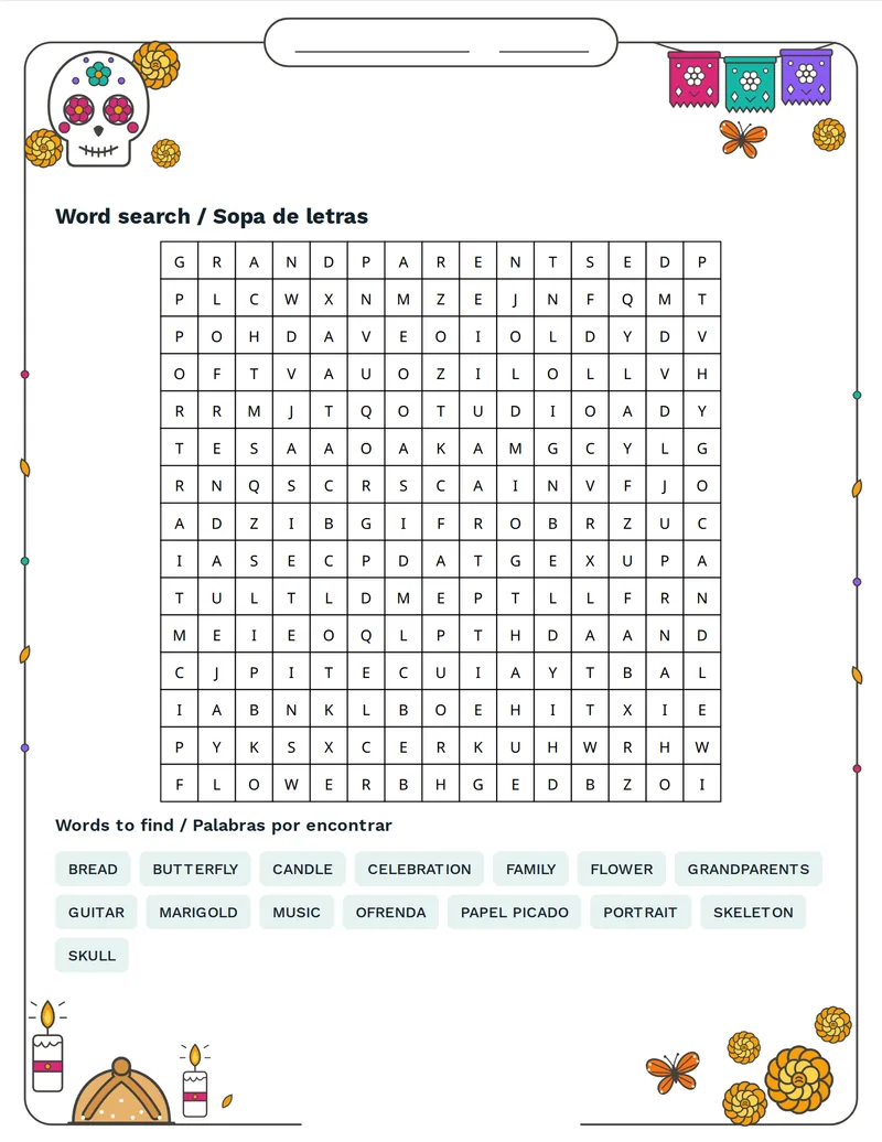 Sopa de letras, Día de Muertos: OFRENDA, SKULL, MARIGOLD, CANDLE, FLOWER, FAMILY, BUTTERFLY, GUITAR
