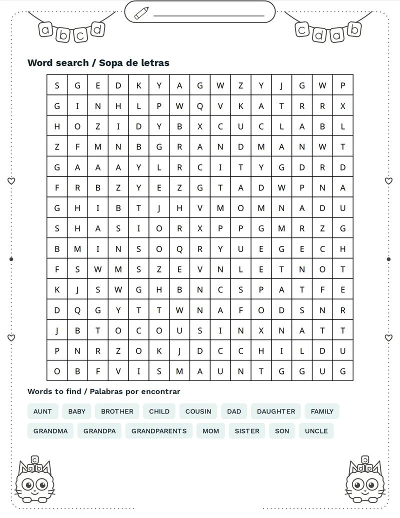 Sopa de letras, Familia: MOM, DAD, BROTHER, SISTER, GRANDMA, GRANDPA, UNCLE, AUNT