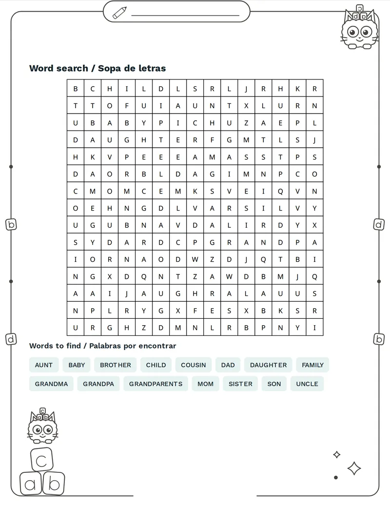 Sopa de letras, Familia: MOM, DAD, BROTHER, SISTER, GRANDMA, GRANDPA, UNCLE, AUNT