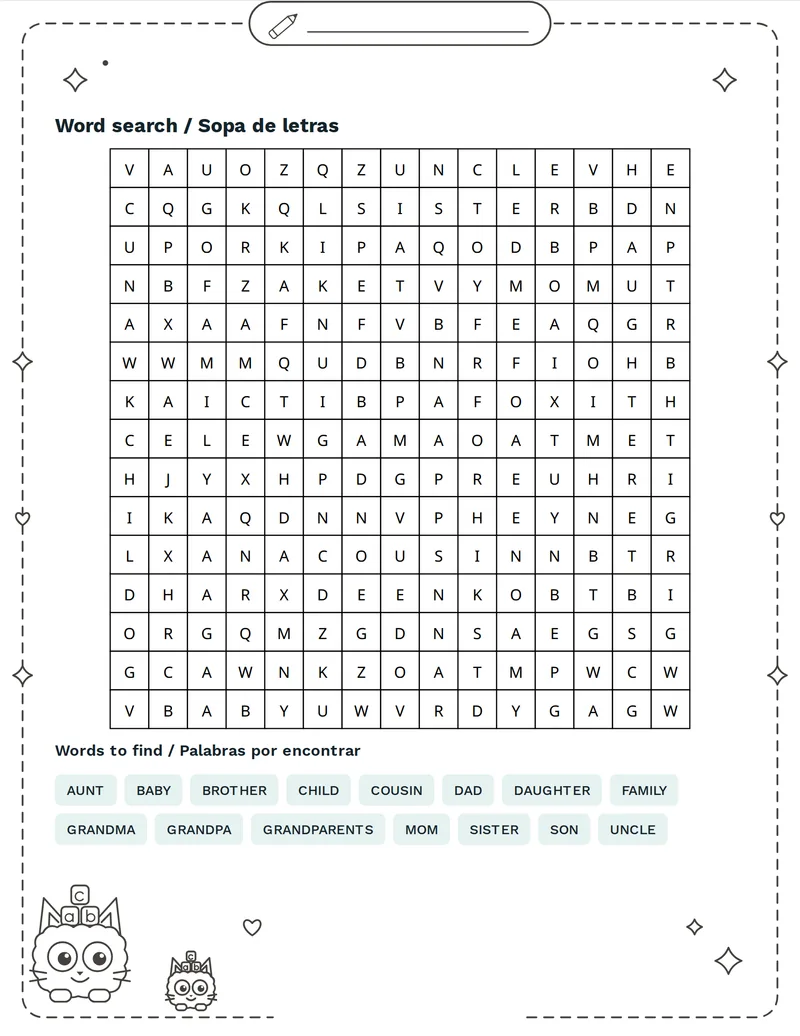 Sopa de letras, Familia: MOM, DAD, BROTHER, SISTER, GRANDMA, GRANDPA, UNCLE, AUNT