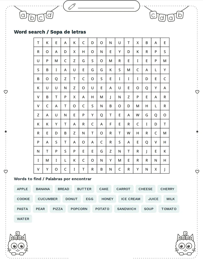 Sopa de letras, Comida: BREAD, BUTTER, MILK, CHEESE, APPLE, BANANA, SOUP, HONEY