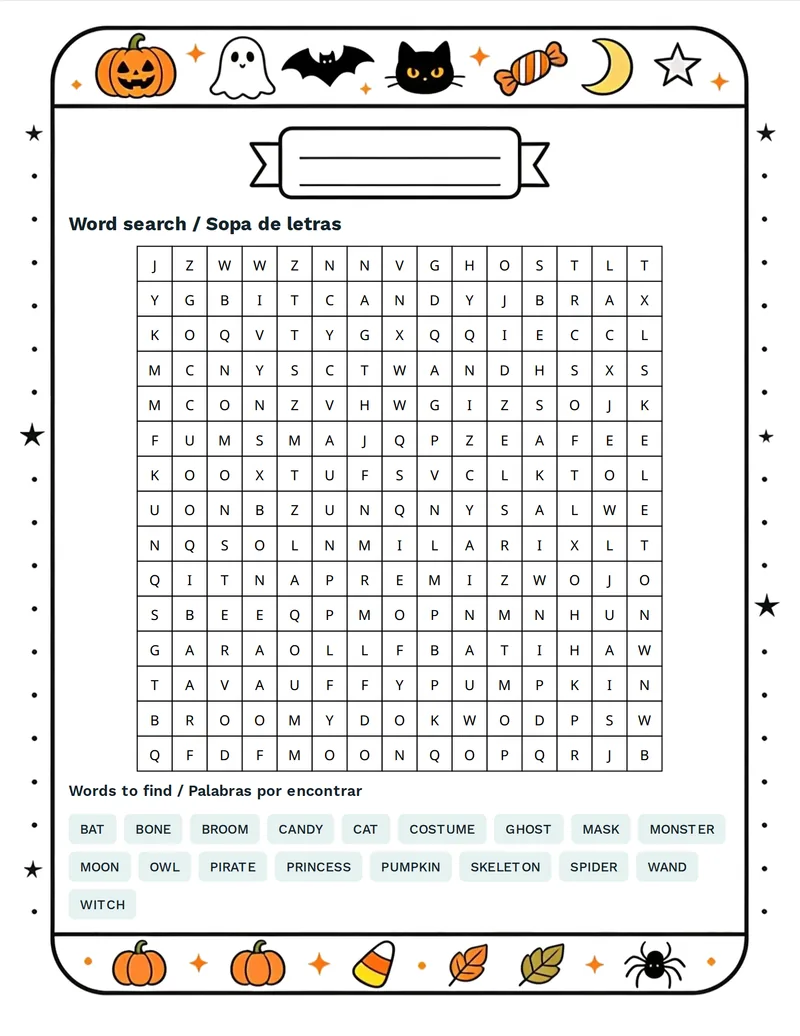 Sopa de letras, Halloween: PUMPKIN, GHOST, WITCH, BAT, SPIDER, OWL, MOON, CAT