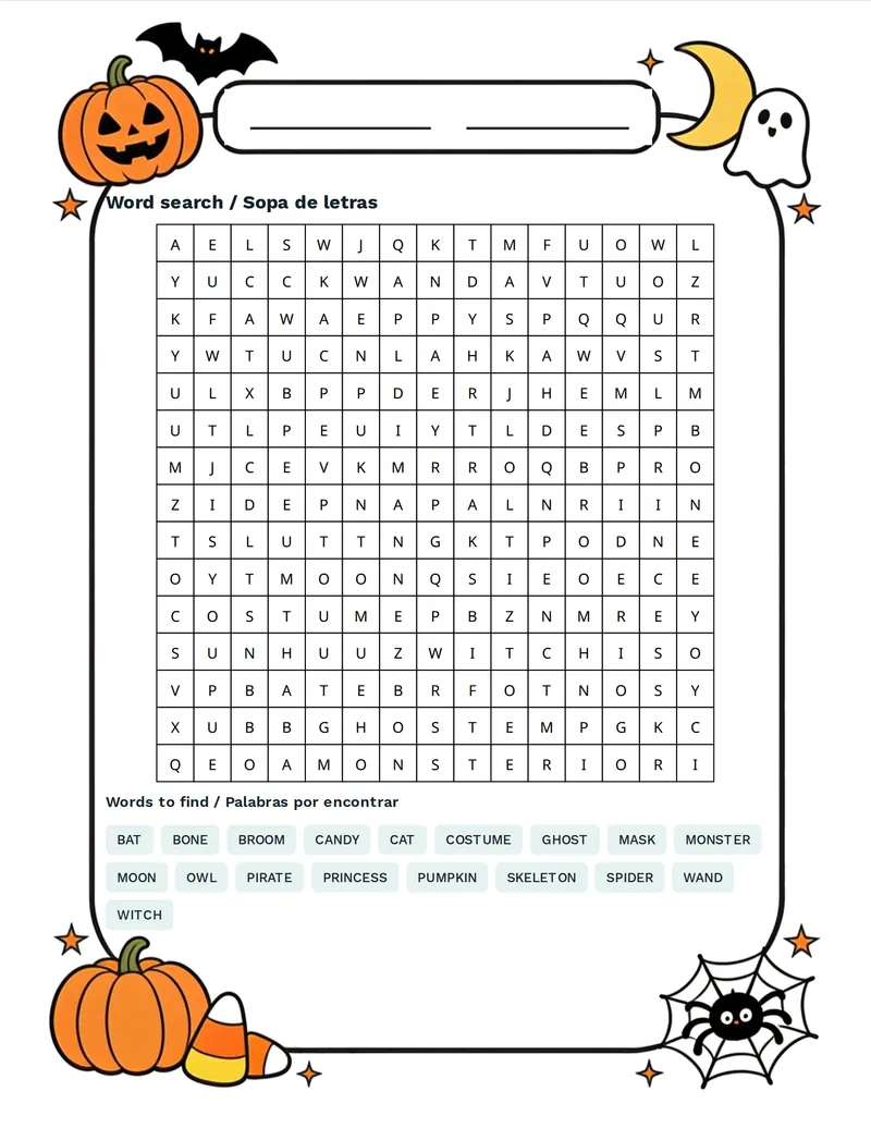 Sopa de letras, Halloween: PUMPKIN, GHOST, WITCH, BAT, SPIDER, OWL, MOON, CAT